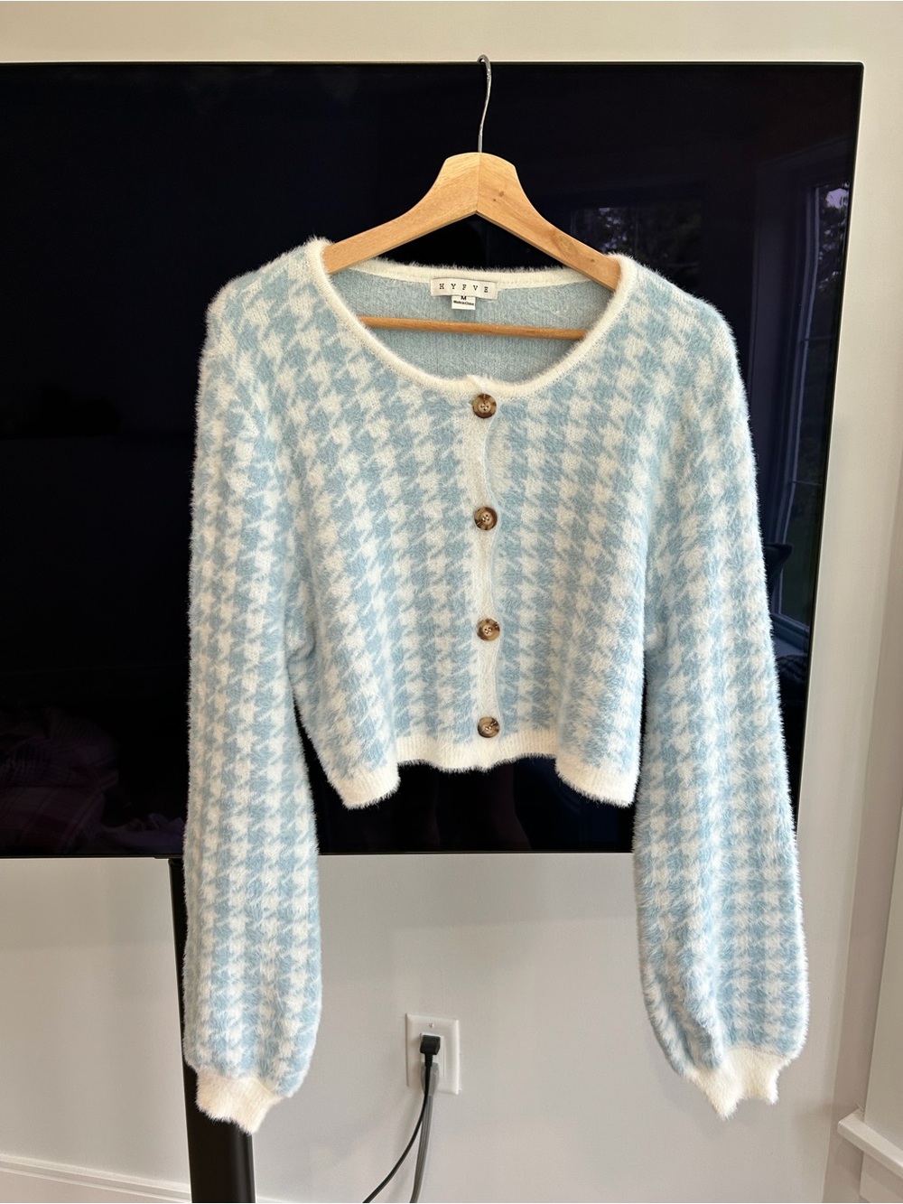 Light Blue Houndstooth Knit Cardigan